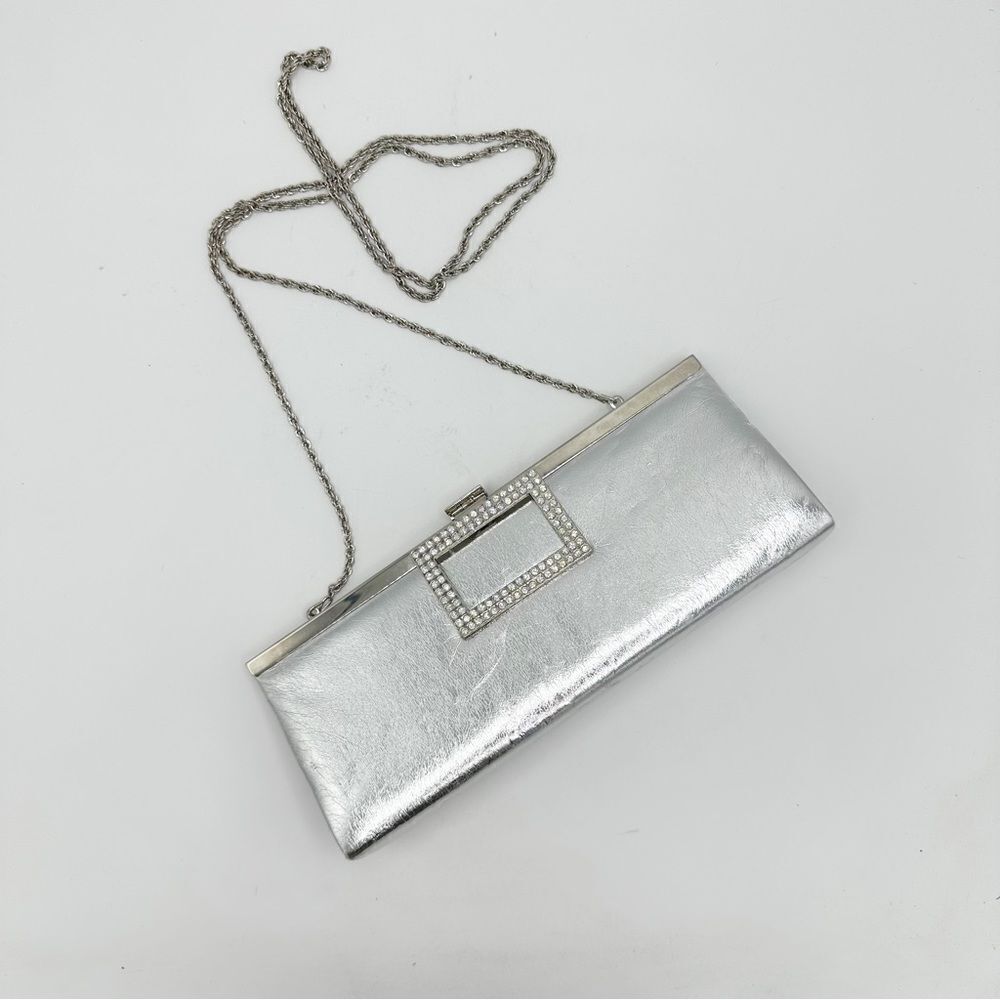 ‎CACHE Silver Metallic Convertible Clutch w/Crystal Embellishment